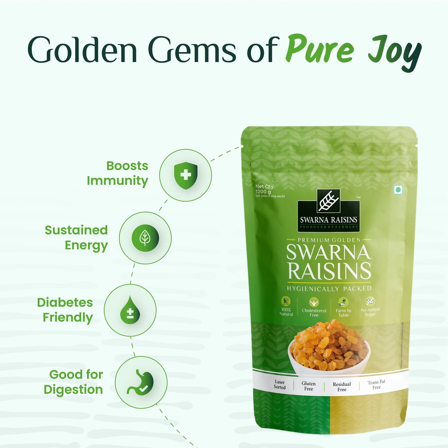 Swarna Raisins 40gms (Pack of 30) 100% Pure Premium Thompson Seedless Golden Raisins -  Swarna Raisins