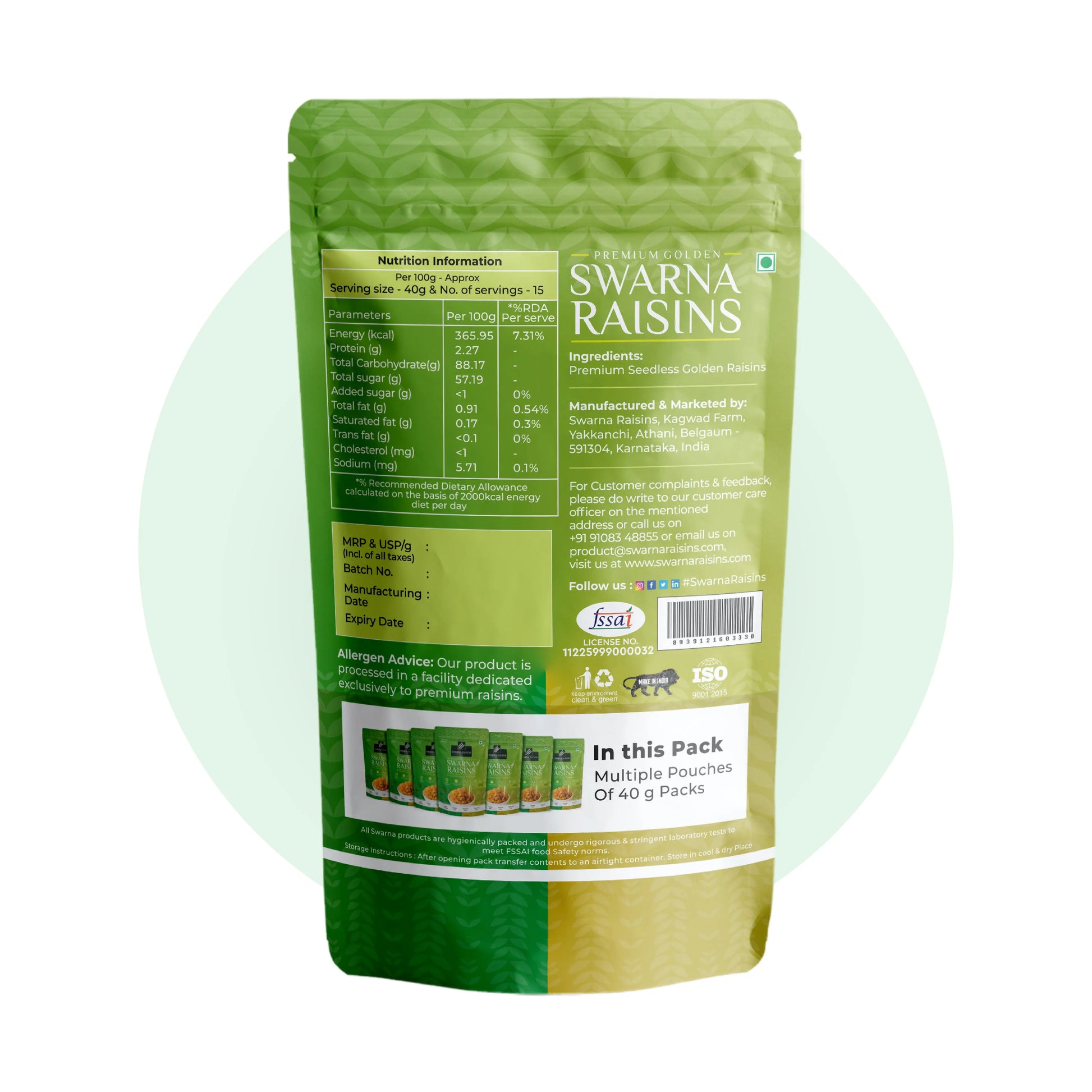 Swarna Raisins 40gms (Pack of 15) 100% Pure Premium Thompson Seedless Golden Raisins -  Swarna Raisins