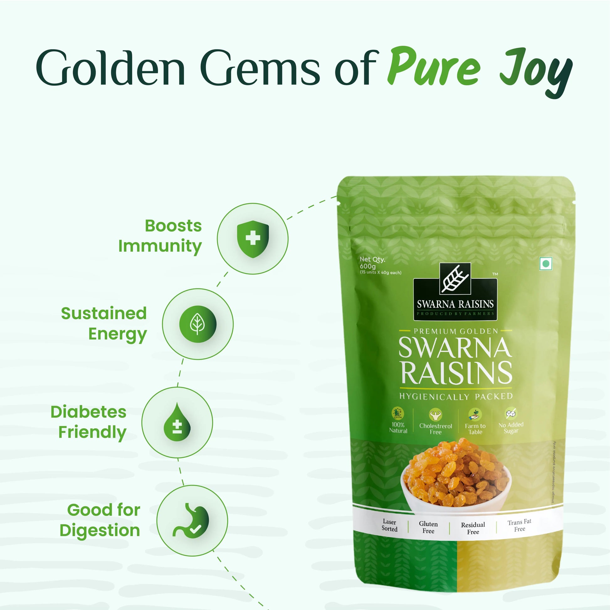 Swarna Raisins 40gms (Pack of 15) 100% Pure Premium Thompson Seedless Golden Raisins -  Swarna Raisins